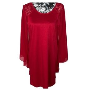 IMAN size medium red open sleeve knee length dress attached sheer cape NWT